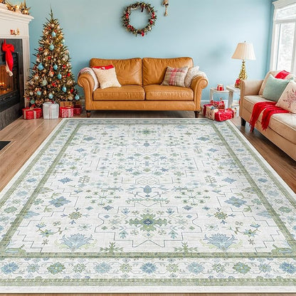 Blue and Green Living Room Rug 8x10 - Cream Oushak Vintage Boho Floral Farmhouse, Washable Low Pile Non-Slip Extra Large Area Rugs for Bedroom, Girls, Boys, Playroom, Lounge