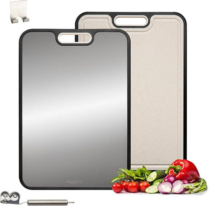 Titanium Cutting Board Double-Sided for Kitchen with Knife Sharpener – Large 16”×11” Food-Grade Chopping Board, Pure Titanium & Wheat Straw PP, Non-Porous, Odor-Resistant, Easy to Clean