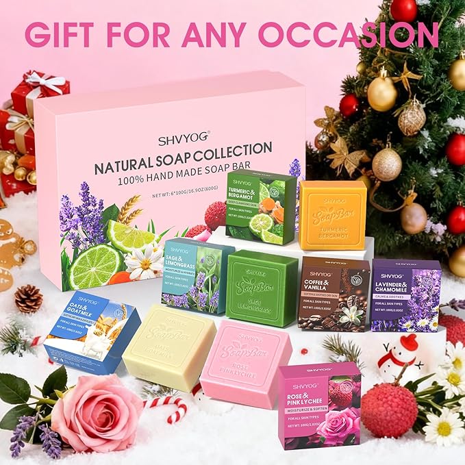 SHVYOG Natural Soap Bar Gift Set, 6PCS Soap with Organic Ingredients & Essential Oils, Cleanses & Softens Skin, Moisturizing, Gifts for Women, Body Wash & Face - 100G*6