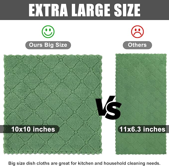 Homaxy 12 Pack Kitchen Dish Cloths (10 x 10 Inches, Grass Green), Super Soft and Absorbent Coral Velvet Dish Towels, Nonstick Oil Fast Drying Microfiber Cleaning Cloth, No Lint Household Dishcloths