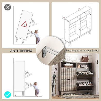 Shoe Cabinet Storage for Entryway with 4 Flip Drawers, Fluted Narrow Shoe Organizer with Wooden Legs & Top Cubby, Freestanding Slim Shoe Storage Hidden Shoe Rack for Front Door Entrance, Grey
