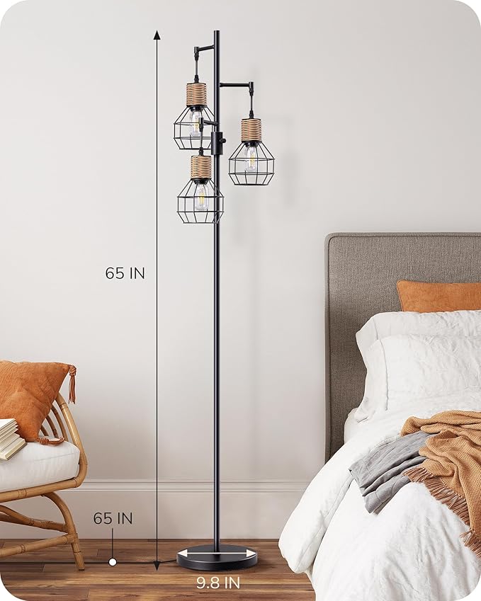 EDISHINE Dimmable Farmhouse Floor Lamp for Living Room, Industrial Black Standing Lamp with 3 LED Edison Bulbs, Corner Rustic Rattan Tall Tree Reading Lamps Home Decor for Bedroom, Office