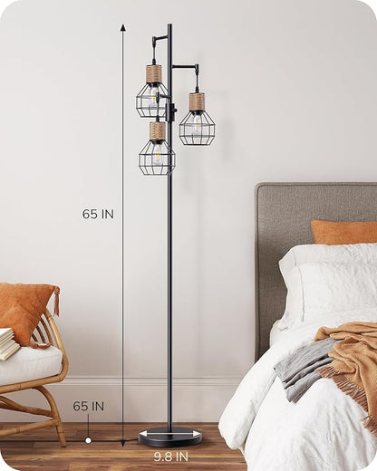EDISHINE Dimmable Farmhouse Floor Lamp for Living Room, Industrial Black Standing Lamp with 3 LED Edison Bulbs, Corner Rustic Rattan Tall Tree Reading Lamps Home Decor for Bedroom, Office
