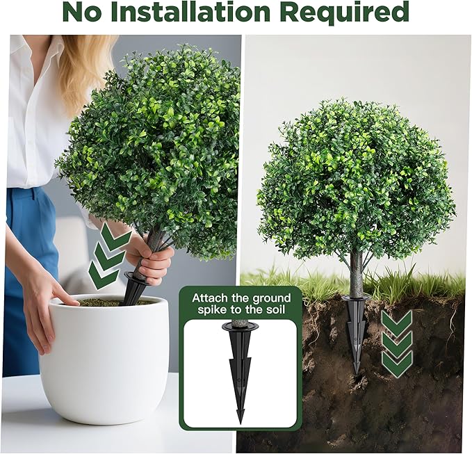Artificial Boxwood Topiary Ball Tree 2 Pack, UV Resistant Artificial Shrub Bushes with Ground Spike, Fake Evergreen Artificial Plant Bushes for Front Porch, Garden, Indoor, Outdoor Planters