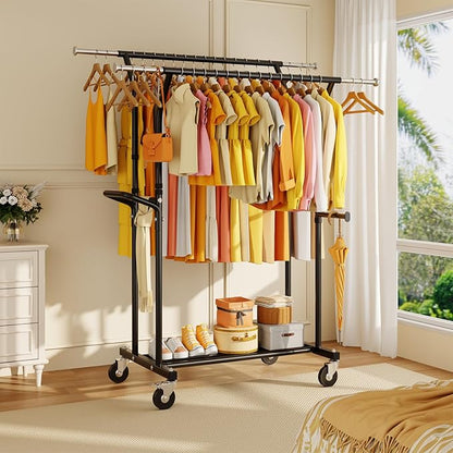 800LBS Heavy Duty Clothes Rack: Rolling Clothing Rack for Hanging Coat Double Rods Portable Wardrobe Garment Racks with Wheels Shelf Sturdy Metal Adjustable Bedroom Laundry Living Room (Black)