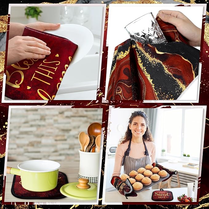 10 Pcs Christmas Marble Farmhouse Kitchen Decor Accessories Set Marble Kitchen Dish Towels Rugs Oven Mitts and Pot Holders Sets for Cooking Baking Daughter Mom Gift(Red)