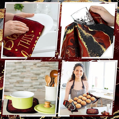 10 Pcs Christmas Marble Farmhouse Kitchen Decor Accessories Set Marble Kitchen Dish Towels Rugs Oven Mitts and Pot Holders Sets for Cooking Baking Daughter Mom Gift(Red)