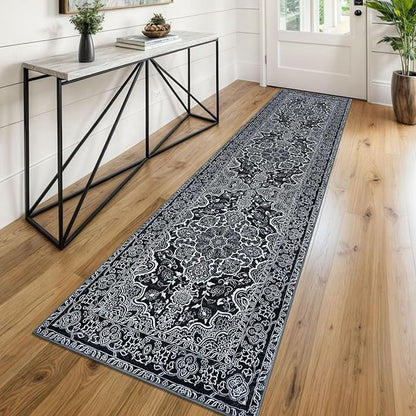 KUTA Runners for Hallways 2x8 Black, Vintage Medallion Kitchen Rugs Non-Slip Ultra Soft Washable Printed Retro Distressed Vintage Carpet Entryway Runners for Bedroom Laundry Nursery