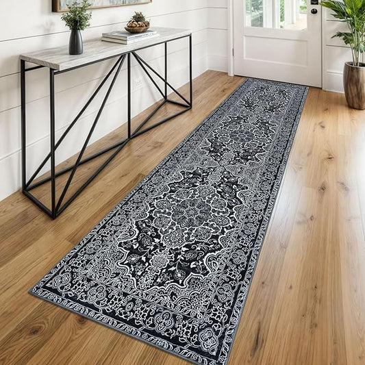KUTA Runners for Hallways 2x8 Black, Vintage Medallion Kitchen Rugs Non-Slip Ultra Soft Washable Printed Retro Distressed Vintage Carpet Entryway Runners for Bedroom Laundry Nursery