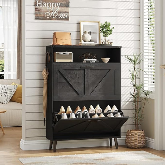Vabches Shoe Storage Cabinet with 2 Flip Drawers,Freestanding Narrow Shoe Organizer with Open Storage,Hidden Slim Shoe Rack Cabinet for Entryway,Hallway,Black