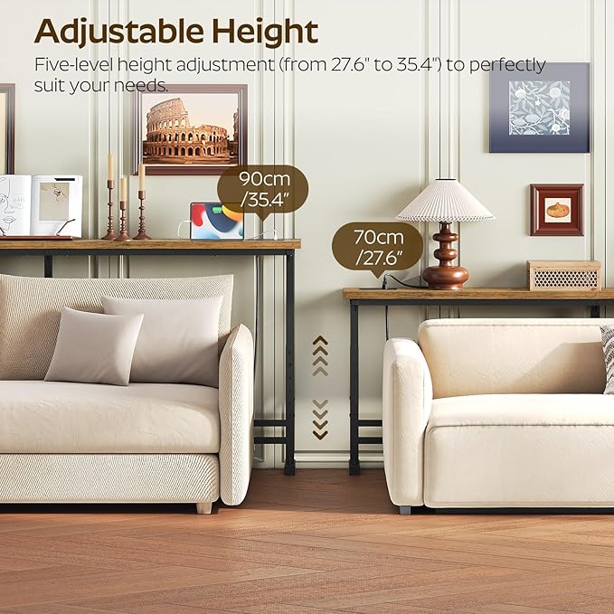 70.9" Console Table with Adjustable Height (27.6"-35.4") and Power Outlet, Skinny Behind Couch Table, Narrow Long Sofa Table for Living Room, Hallway, Entryway, Rustic Brown and Black CT08UBR