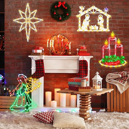 Christmas Decorations - 16" Christmas Window Silhouette Lights - 4 Pack Colour Lighted Candle & Nativity & Bethlehem Star & Angel for Holiday Indoor and Outdoor Wall Door Window Decorate