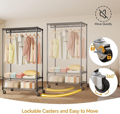 H4 Plus Rolling Garment Rack with Cover, Heavy Duty Clothes Rack with Wheels, Portable Closet for Hanging Clothes, Wardrobe Closets Organizer Storage, Black Closet Rack with Black Fabric Cover
