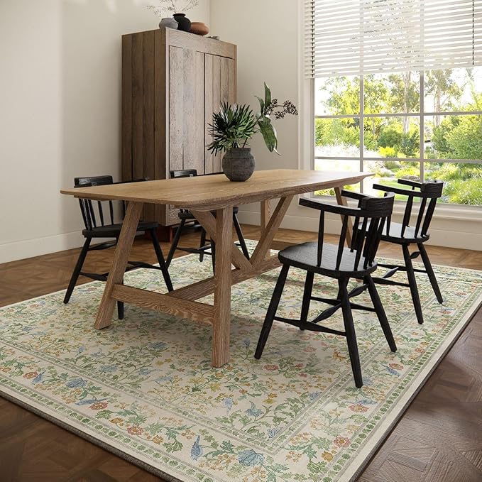 Washable Area Rugs for Living Room: 9x12 Bedroom Rug Boho Vintage Stain Resistant Non Slip Low Pile Lightweight Soft Carpets for Dining Room Kitchen Nursery Kids Room Farmhouse Living Room