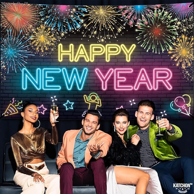 KatchOn, XtraLarge Neon Happy New Year Banner - 72x44 Inch | Neon New Year Backdrop 2026 | New Years Decorations 2026 | NYE Eve Banner For NYE Decorations 2026 | New Years Eve Party Supplies 2026