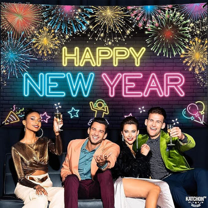KatchOn, XtraLarge Neon Happy New Year Banner - 72x44 Inch | Neon New Year Backdrop 2026 | New Years Decorations 2026 | NYE Eve Banner For NYE Decorations 2026 | New Years Eve Party Supplies 2026