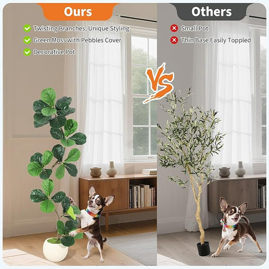 Garvee Fiddle Leaf Fig Tree 5ft Tall Artificial Tree with Grey Planter，Faux Floor Plant, Indoor Fake Plants for Home Office Decor
