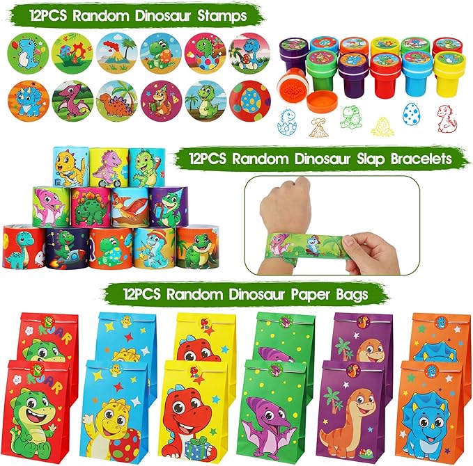 352PCS Dinosaur Party Favors, Dinosaur Birthday Party Decorations Supplies - Stickers Keychains Goodie Bags for Kids Birthday Return Gifts, Dino Slingshot Finger Fidget Toys Bulk