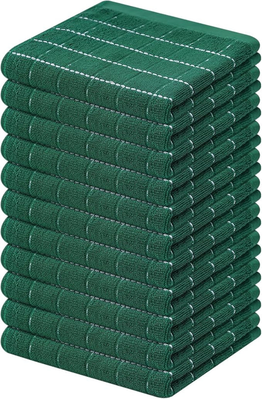 Mordimy 100% Cotton Terry Cloth Dish Cloths, Soft and Absorbent Checkered Dish Towels, Quick Drying Dish Rags for Washing Dishes, 12 Pack, 12 x 12 Inches, Dark Green