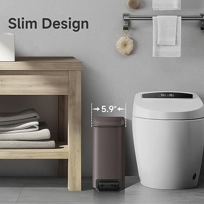 TIPGO Slim Bathroom Trash Can with Lid Soft Close, Step Pedal, 6 Liter / 1.6 Gallon Stainless Steel Trash Bin, Small Garbage Cans for Bedroom, Office, Kitchen (Brown)