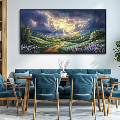 HKDGOKA Large Landscape Wall Art, Green Mountains Purple Clouds Flower Scenery Canvas Pictures Paintings Framed Artwork for Living Room Bedroom Office Kitchen Home Wall Decor 29x58 IN