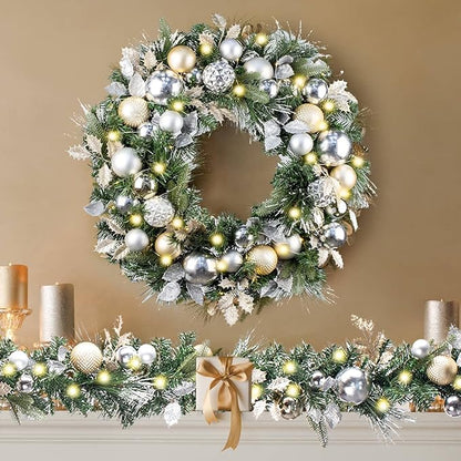 WANNA-CUL Pre-Lit 30 Inch Large Christmas Wreath for Front Door with 50 Led Lights,Champagne Gold Lighted Christmas Door Wreath Decor with Ball Ornaments, Battery Operated