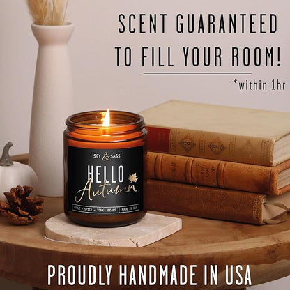 Fall Candles - ‘Hello Autumn’ Soy Fall Candle w/Apple, Cinnamon & Nutmeg I Infused with Essential Oils I Autumn Scented Candles I Cozy Décor Gifts I 9oz Jar I 50Hr Burn I Made in USA