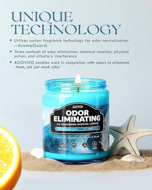 AOOVOO Fantasy Ocean Odor Eliminating Highly Fragranced Candle - Eliminates 95% of Pet, Smoke, Food, and Other Smells Quickly, Air Freshing Soy Candle, 9 oz Up to 50 Hours Burn time