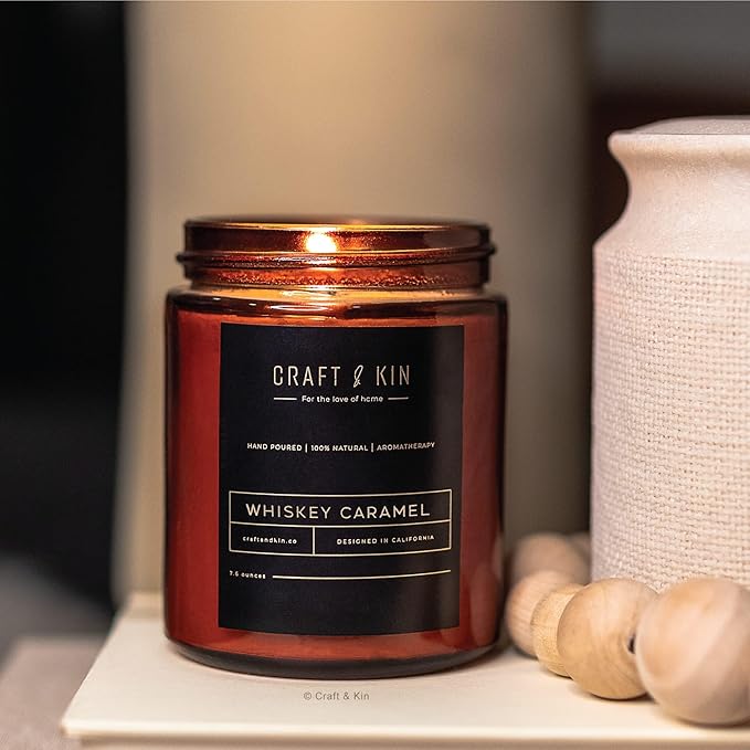 Craft & Kin Scented Candles for Men | Premium Whiskey Caramel Winter Candle | All-Natural Scent for Home | Long Lasting Candles with 45 Hour Burn Time, 8oz