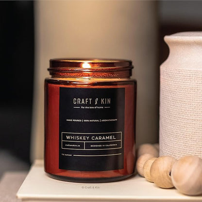 Craft & Kin Scented Candles for Men | Premium Whiskey Caramel Winter Candle | All-Natural Scent for Home | Long Lasting Candles with 45 Hour Burn Time, 8oz