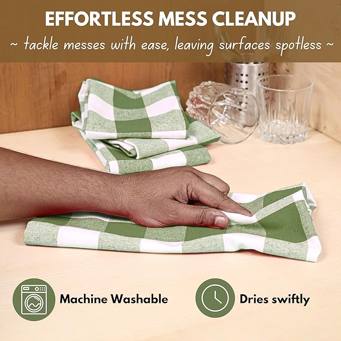 Native Fab Buffalo Check Kitchen Dish Towels, 16"x26", 4 Pack - 100% Cotton Plaid Washcloths - Absorbent Dish Cloths Set, Cleaning Hand Towels with Hanging Loop - Mint Green White