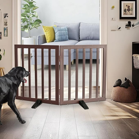 Dog Gate Indoor, Freestanding Dog Fence for The House, Doorways, Hallways,or Stairs,Pet Gate Foldable Wooden,Expandable 24" Height 2 Panels,Brown