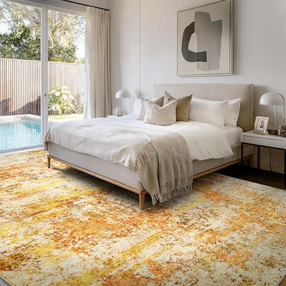 Washable Area Rugs for Living Room - 9x12 Abstract Modern Rug Neutral Soft Rug Stain Resistant Non-Shedding No Slip Low Pile Large Carpet for Bedroom Dining Room Nursery Home Office - Orange/Gold