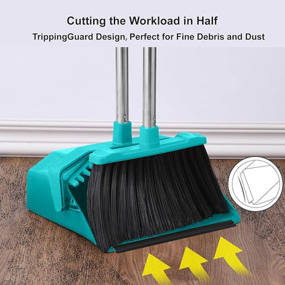 Upgrade Broom with Dustpan Combo Set, Broom and Dustpan Set with 51'' Long Handle, Large Upright Brooms and Dust Pans, ZeroGap Lip, Self-Cleaning Dustpan Teeth for Lobby and Restaurant - Blue