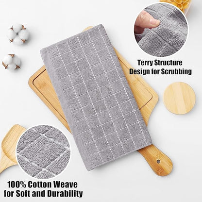Homaxy 100% Cotton Terry Kitchen Towels(Light Grey, 13 x 28 inches), Checkered Designed, Soft and Super Absorbent Dish Towels, 12 Pack