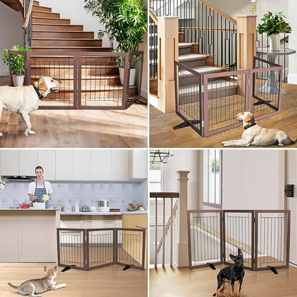 ZJSF Freestanding Dog Gate Indoor, Foldable Dog Fence for Doorways,Hallways or Stairs, Sturdy Wood Extra Wide Pet Gate with Support Feet,Brown,32 "Height-6 Panels