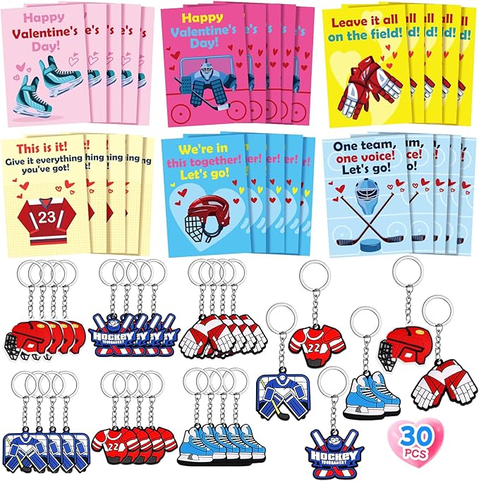 30 Pcs Valentine’s Gift Ice Hockey Keychains Bulk With Greeting Cards for Kids Sports Key Chain Party Favors School Classroom Gifts Exchange Hockey Goodie Bags Stuffers for Boys and Girls