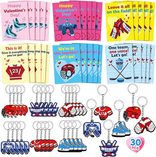 30 Pcs Valentine’s Gift Ice Hockey Keychains Bulk With Greeting Cards for Kids Sports Key Chain Party Favors School Classroom Gifts Exchange Hockey Goodie Bags Stuffers for Boys and Girls