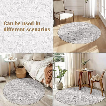 jinchan Round Rug 8ft Vintage Machine Washable Area Rug Kitchen Indoor Circle 8' Ultra-Thin Non-Slip Floral Print Carpet for Farmhouse Entryway Dining Room Living Room Bedroom Office (8'Round,Taupe)