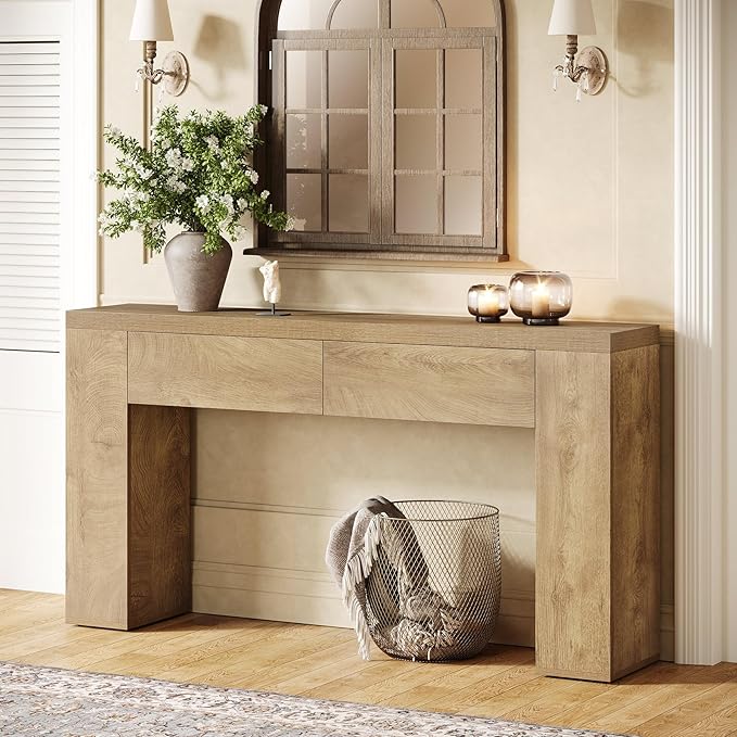 Tribesigns 63-Inch Wooden Console Table with 2 Hidden Drawers, Farmhouse Rustic Brown Sofa Table for Living Room, Hallway, Entrance, Foyer, Easy Assembly (Brown)