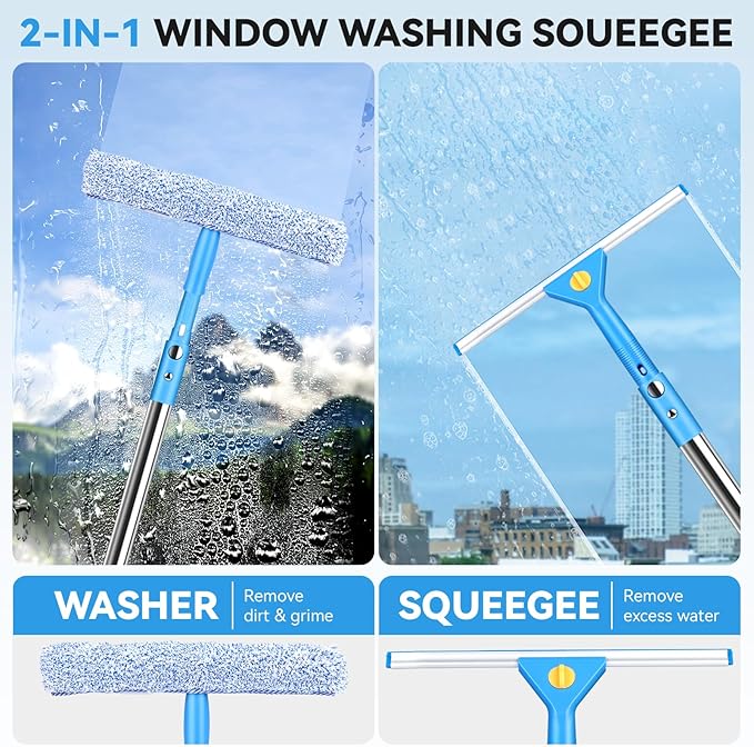 10Ft Window Washing Kit with Extension Pole(Thickened), Window Cleaning Kit with 14" Squeegee & 15" Scrubber (2 Brush Covers), Window Cleaner Tool Washing Equipment for Outdoor High Windows Glass