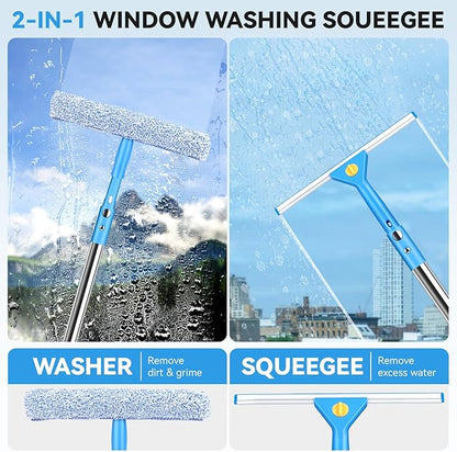 10Ft Window Washing Kit with Extension Pole(Thickened), Window Cleaning Kit with 14" Squeegee & 15" Scrubber (2 Brush Covers), Window Cleaner Tool Washing Equipment for Outdoor High Windows Glass