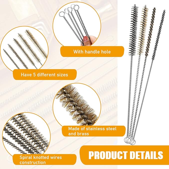 Wire Tube Brushes for Cleaning Pipe Tube Brass Stainless Steel Round Wire Brush for Auto Parts, Bottles, Tubes, 5 Sizes(20 Pieces)