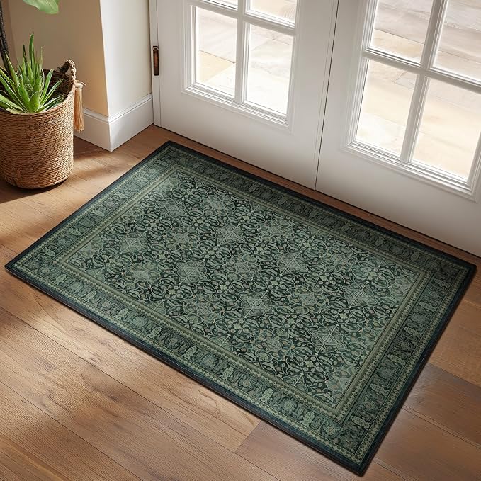 Jainmy Dark Green 2x3 Small Rugs for Entryway, Washable Non Slip Door Mat Indoor Entrance, Vintage Boho Floral Moroccan Printed Entry Rugs for Inside House Kitchen Bathroom, Low Pile Ultra Thin Soft