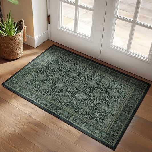 Jainmy Dark Green 2x3 Small Rugs for Entryway, Washable Non Slip Door Mat Indoor Entrance, Vintage Boho Floral Moroccan Printed Entry Rugs for Inside House Kitchen Bathroom, Low Pile Ultra Thin Soft