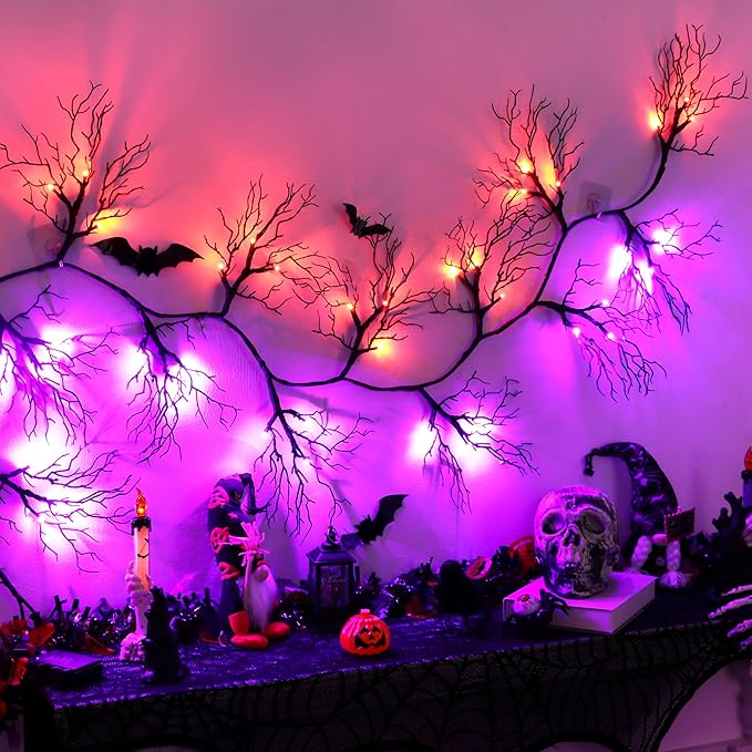 6 FT Halloween Black Garland Willow Vine Twig Decor with Orange & Purple Light, 8 Modes & Timer Battery Operated Waterproof Halloween Decorations Indoor for Mantle Fireplace Home Party Decor