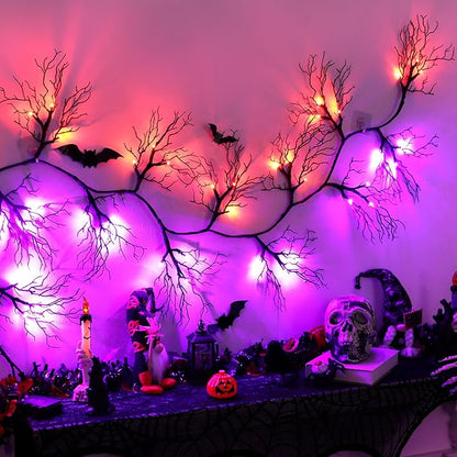 6 FT Halloween Black Garland Willow Vine Twig Decor with Orange & Purple Light, 8 Modes & Timer Battery Operated Waterproof Halloween Decorations Indoor for Mantle Fireplace Home Party Decor