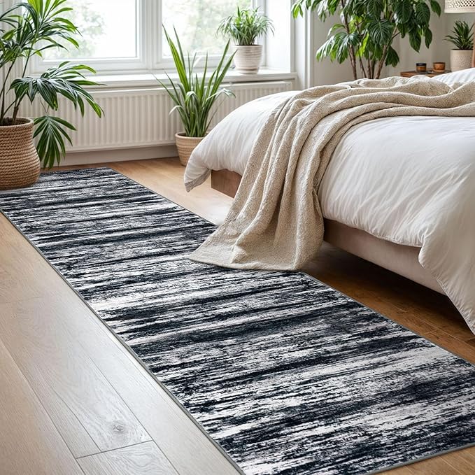 KOZYFLY Modern Abstract Hallway Runner Rug, 2x8 Washable Rug Runner Non-Slip Soft Striped Kitchen Runner Rugs, Black Navy Blue Grey Carpet Runner for Entryway Bathroom Laundry Room Foyer