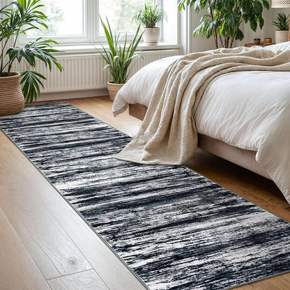 KOZYFLY Modern Abstract Hallway Runner Rug, 2x8 Washable Rug Runner Non-Slip Soft Striped Kitchen Runner Rugs, Black Navy Blue Grey Carpet Runner for Entryway Bathroom Laundry Room Foyer