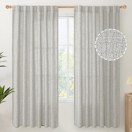 YoungsTex Light Grey Linen Curtains for Living Room, Light Filtering Drapes Semi Sheer with Rod Pocket Back Tab Textured Privacy for Bedroom, 2 Panels, 52 X 72 Inch